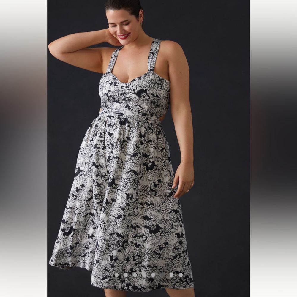 NWT Anthropologie Printed Midi Dress, Black and White Floral Print, 3X